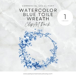 Blue Toile Wreath 1 Image Clipart Blue Chinoiserie Wreath Watercolor Floral Clipart Instant Digital Download 300DPI Commercial Use