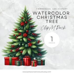 Árvore de Natal 1 Imagem Clipart Árvore de Natal Decorada com Presentes Aquarela Clipart Cartão de Natal Clipart Arte de Parede Decoração