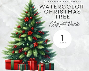 Christmas Tree 1 Image Clipart Holiday Decorated Christmas Tree with Presents Watercolor Clipart Holiday Card Clipart Wall Art Decoration