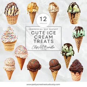 May include: A set of 12 digital illustrations of various ice cream cones with different flavors and toppings. The ice cream cones are in a variety of colors, including brown, white, green, and pink. The cones are topped with sprinkles, chocolate sauce, nuts, and whipped cream. The text "Cute Ice Cream Treats Clip Art Bundle" is included in the image.
