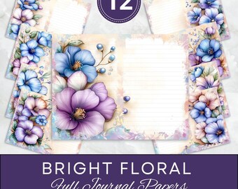 Bright Blue Purple Floral Junk Journal Pages Background Digital Lined Paper Design Art Printable Texture Digital DIY Craft Scrapbooking JPG
