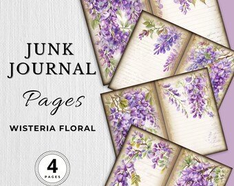 Shabby Chic Wisteria Garden Digital Paper, 4 Junk Journal Pages, Vintage Floral Printable Backgrounds JJ001