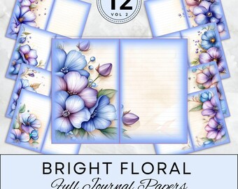 Bright Floral Junk Journal Pages Background Blue Digital Lined Journal Paper Design Art Printable Texture Digital DIY Craft Scrapbooking JPG