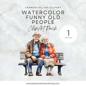 Imagen prediseñada de acuarela de una pareja de ancianos divertidos. Abuelos felices. Manualidades de papel digitales. Tarjeta de invitación. Descarga instantánea. 300 DPI. Comercial.