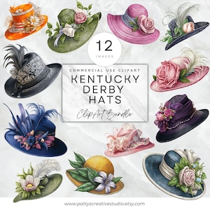 Może przedstawiać: Zestaw 12 cyfrowych ilustracji kapeluszy Kentucky Derby. Kapelusze są w różnych kolorach i stylach, w tym czarny, niebieski, zielony, różowy, fioletowy i biały. Każdy kapelusz jest ozdobiony kwiatami, wstążkami i piórami.