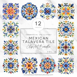 Mexican Talavera Tiles Clipart Set Mosaic Tile PNG Colorful Floral Pattern Designs Watercolor Vintage Mexican Talavera Wall Art Craft Invite