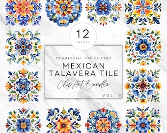 Mexicaanse talavera tegels clipart set mozaïek tegel PNG kleurrijke bloemmotief ontwerpen aquarel vintage Mexicaanse talavera muur kunst ambachtelijke uitnodiging