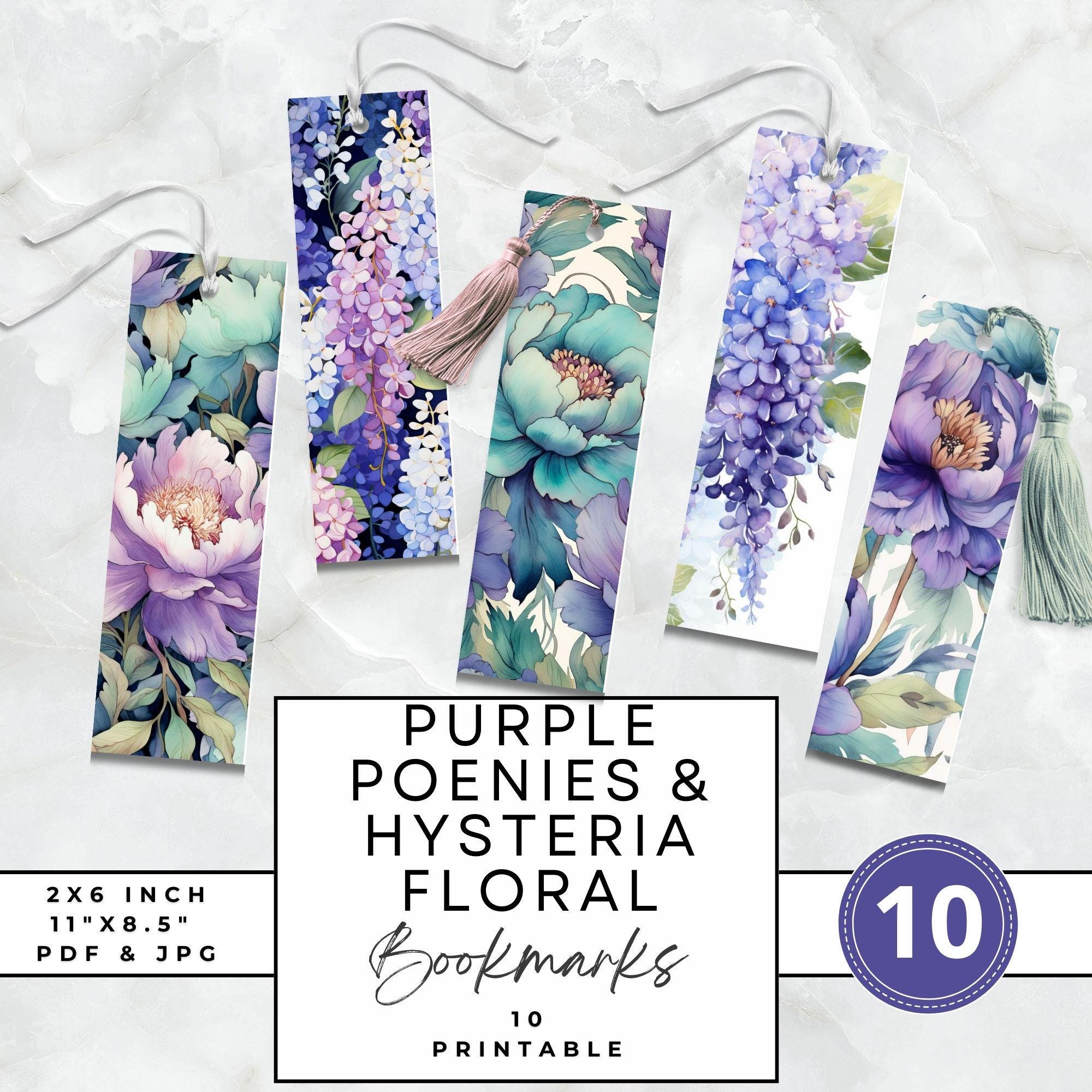 Purple Peonies Hysteria Floral Bookmarks Printable Set of 10 Shades of ...