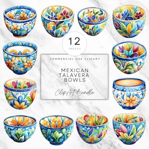 Mexican Talavera Bowl Clipart Set Vibrant Mosaic Colorful Floral Pattern Designs Watercolor Vintage Mexican Talavera Wall Art Craft Invite