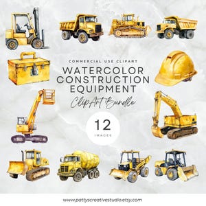 Pacote de clipart de equipamento de construção, máquinas de trabalho de estrada em aquarela fofas, clipart de festa de aniversário infantil, cartão de convite de maquinário de construção