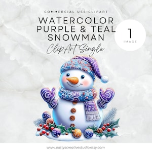 紫のティール雪だるまクリップアートクリスマスカードPNGデジタルダウンロードかわいい雪だるまホリデーパーティー招待状クリップアート陽気な雪だるまスカーフウォールアート