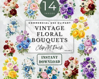 Pacchetto di clipart di bouquet di fiori vintage, clipart floreali ad acquerello, artigianato di carta, invito di nozze vintage, diario, arte murale, forniture artigianali PNG