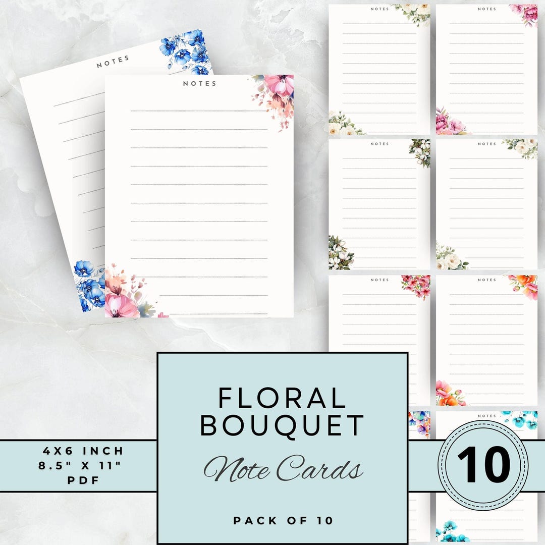 Floral Bouquet Notecards Printable Set of 10 Digital Note Card ...