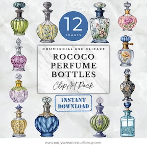 Könnte beinhalten: Eine Sammlung von zwölf Rococo-Parfümflaschen in verschiedenen Farben und Designs. Die Flaschen haben verzierte Verschlüsse und dekorative Muster, mit einer zentralen Grafik, die "Commercial Use Clipart, Rococo Perfume Bottles Clip Art Pack, Instant Download" anzeigt.