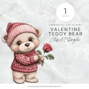Cute Teddy Bear with Heart Rose Single Clipart Valentine&#39;s Day Teddy Bear with Hearts & Roses Romantic Valentine Celebration Clip Art PNG