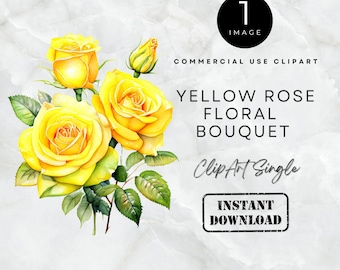 Bouquet de roses jaunes - 1 image clipart - Rose jaune aquarelle - Clipart floral romantique - Téléchargement numérique instantané - 300 DPI - Usage commercial