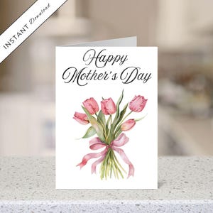 Cartão de Dia das Mães Tulipa Cartão de Dia das Mães para impressão digital, download, cartão de felicitações com flores Tulipa, presentes exclusivos para a mãe PDF JPG em branco por dentro