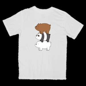 May include: White t-shirt with a graphic of three cartoon bears stacked on top of each other. The top bear is brown, the middle bear is black and white, and the bottom bear is white.