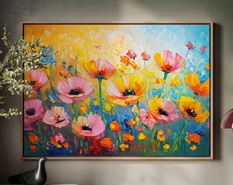 Blooming Flower Field Canvas: Vibrant Oil Paint Effect, Impressionist Wall Art