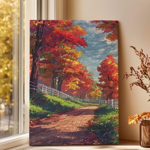 Autumn Watercolor Canvas Print, Serene Country Path Landscape Painting, Cozy Fall Wall Art, Countryside Home Decor, Cottagecore Wall Art L2