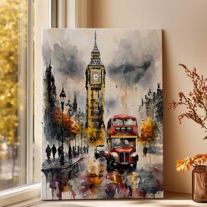Big Ben London Red Bus Watercolor Canvas - London Iconic Wall Art - London Poster Print - Vintage London Prints - UK Travel Gifts L10