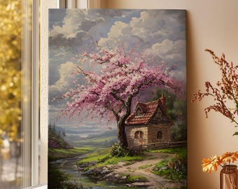 日本庭園の水彩画：桜と桜池の風景 - Etsy 日本