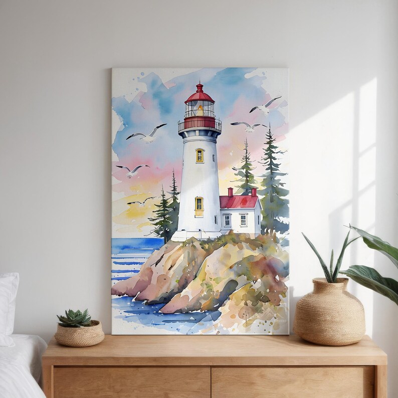 Watercolor canvas print of a lighthouse on a rocky cliff with seagulls flying in a pastel sunset sky.