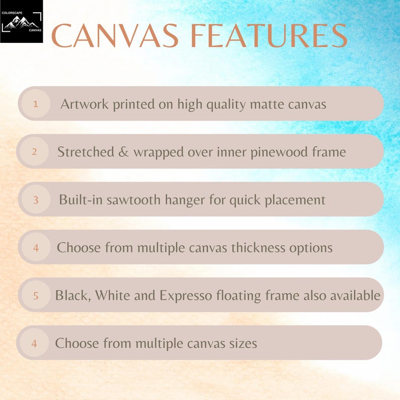 May include: Image showcasing canvas features, including high-quality matte canvas, stretched over a pinewood frame, and a built-in sawtooth hanger. Options include multiple thicknesses and sizes, with black, white, and espresso floating frames available.