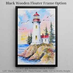 Watercolor canvas print of a lighthouse on a rocky cliff with seagulls flying in a pastel sunset sky.