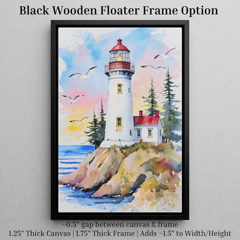 Watercolor canvas print of a lighthouse on a rocky cliff with seagulls flying in a pastel sunset sky.