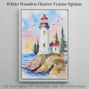 Watercolor canvas print of a lighthouse on a rocky cliff with seagulls flying in a pastel sunset sky.
