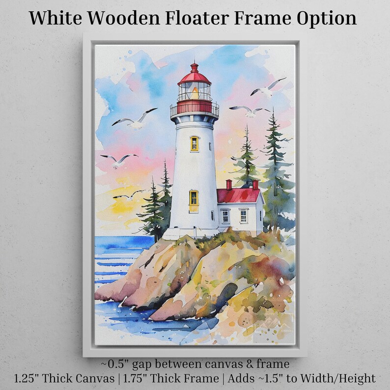 Watercolor canvas print of a lighthouse on a rocky cliff with seagulls flying in a pastel sunset sky.