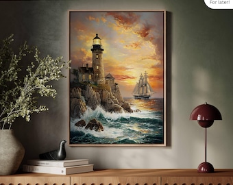 Lighthouse and Ship Canvas Art: Nautical Sunset Seascape Painting