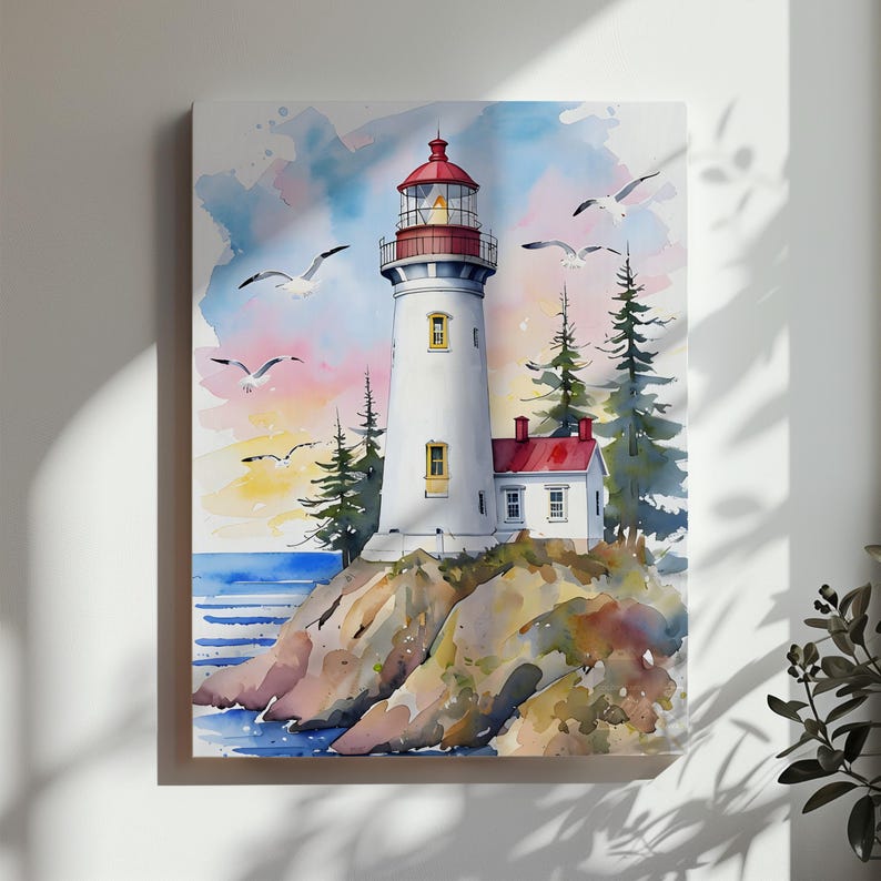 Watercolor canvas print of a lighthouse on a rocky cliff with seagulls flying in a pastel sunset sky.