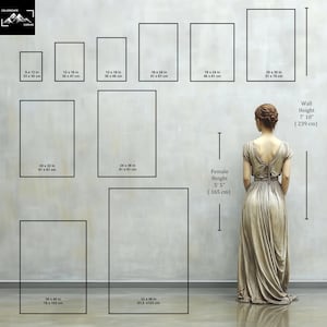 May include: An image showcasing various canvas sizes, including 9 x 12 inches, 12 x 16 inches, and up to 32 x 48 inches. A woman stands near the canvases, with her height at 5'5" (165 cm) and the wall height at 7'10" (239 cm).