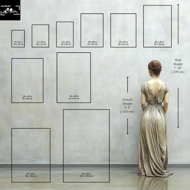 May include: An image showcasing various canvas sizes, including 9 x 12 inches, 12 x 16 inches, and up to 32 x 48 inches. A woman stands near the canvases, with her height at 5'5" (165 cm) and the wall height at 7'10" (239 cm).