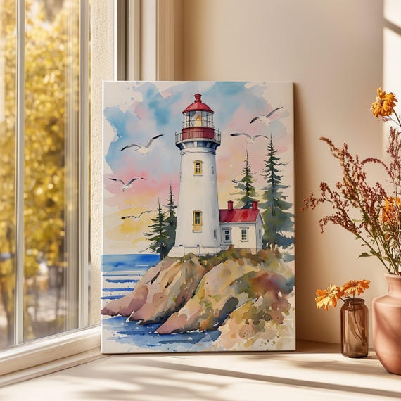 Lighthouse Canvas Art: Seagull Ocean Coastal Print, Nautical Decor