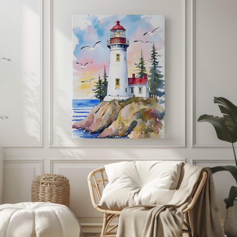 Watercolor canvas print of a lighthouse on a rocky cliff with seagulls flying in a pastel sunset sky.