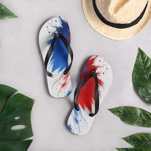 Red and Blue Flare Flip Flops - Patriotic USA Sandals for Men & Women - Bold Summer Shoes - 4th of July Red White Blue Footwear