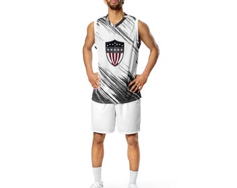 American Shield Recycled Unisex Basketball Jersey, Eco-friendly Sports Top, Sustainable Athleisure Wear