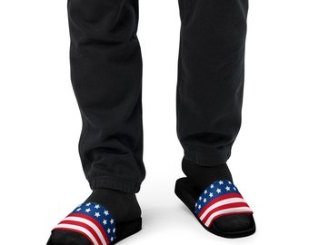 USA Flag Men&#39;s Slides, American Flag Slip-On Sandals, Stars and Stripes Beach Slides, Patriotic Pool Shoes, Men&#39;s Summer Fashion