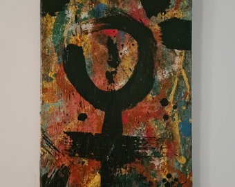 Ankh abstrait. Divin féminin. Acrylique, plâtre, encre sur toile.