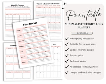 Minimalistische gewichtsverliesplanner, fitnessdagboek, maaltijdtracker, gezondheidsorganisator, dieettracker, doelen stellen, wellnesscadeau, cadeau voor gewichtsverlies