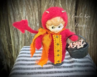She Devil Miniature Needle Felted Devil Doll Vintage Kewpie Red Devil Doll  Lorelie Kay Original