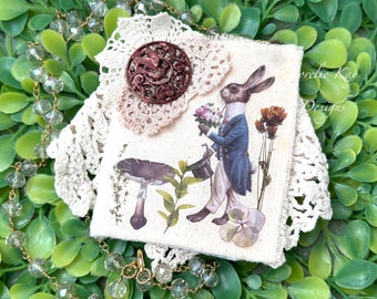 Handsome Bunny Shabby Style Antique Button  Necklace Nature Inspired  Boho Textile Art Pendant Lorelie Kay Designs