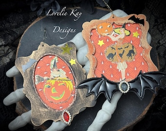 Set 2 Retro Art Deco Witch Ornaments Vintage Style Tally Card Girls Lorelie Kay Original set 2
