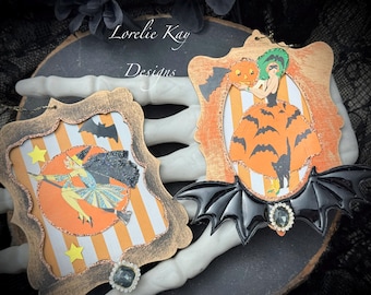 Set 2 Retro Art Deco Witch Ornaments Vintage Style Tally Card Girls Lorelie Kay Original set 4