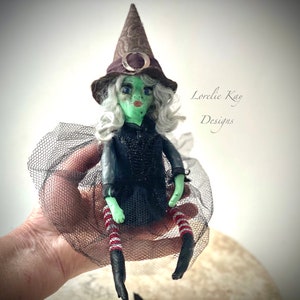 Sassy Sculpted Prim Witch Art Doll Folk Art  Halloween OOAK Green Witch Doll Lorelie Kay Original