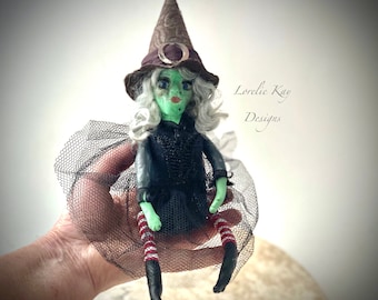 Sassy Sculpted Prim Witch Art Doll Folk Art  Halloween OOAK Green Witch Doll Lorelie Kay Original