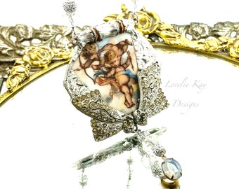 Art Nouveau Cherubs Necklace Broken China Assemblage Necklace OOAK Statement Necklace Lorelie Kay Original